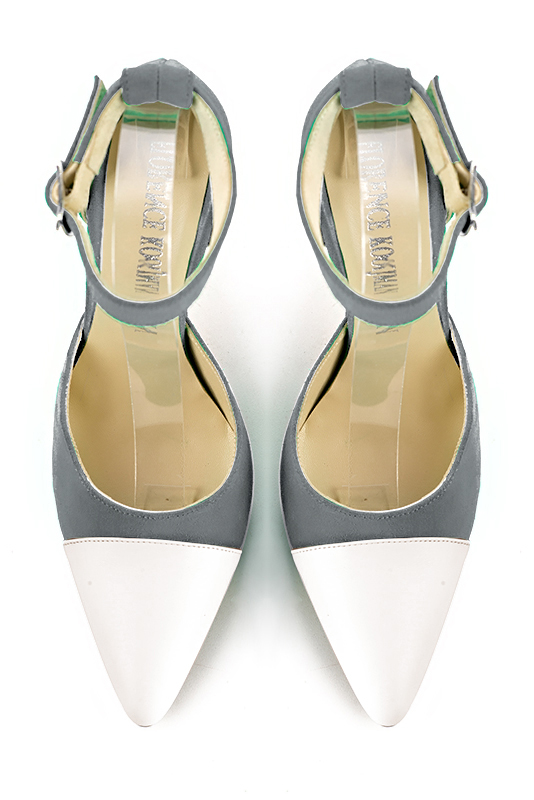Off white and dove grey women's open side shoes, with a strap around the ankle. Tapered toe. Very high spool heels. Top view - Florence KOOIJMAN